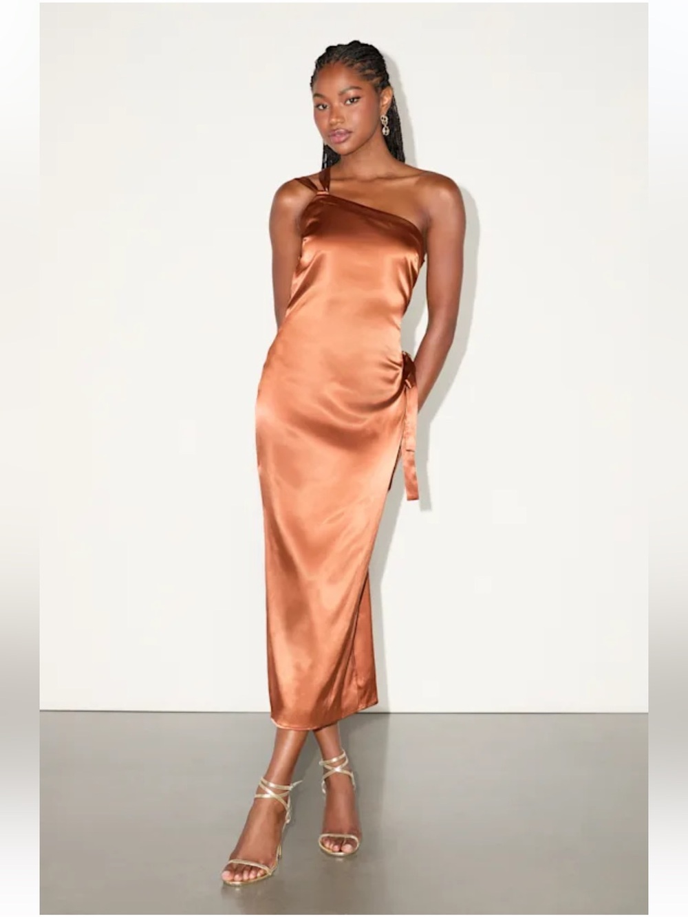 Lulu's Copper One-Shoulder Satin Midi Dress